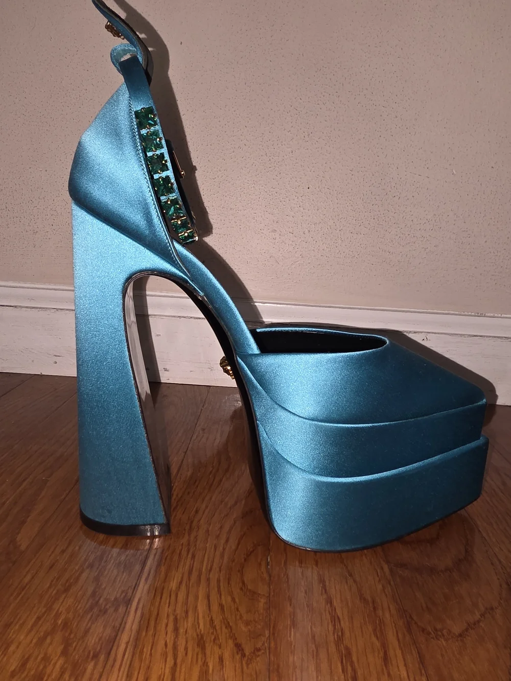 Versace Teal Satin Platform Slingback Heels with Jeweled Anklet